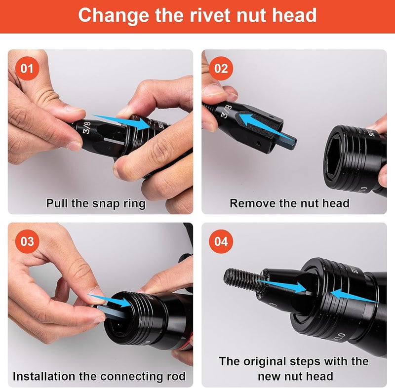 Clatoon Pneumatic Rivet Nut Gun with 10-24 & 1/4 & 5/16 & 3/8 Self-Locking Head, Adjustable Speed Air Rivet Gun, Air Rivet Nut Tool Kit with 4 Size Quick-Change, 6pcs Mandrels Included with Each Size - Image 5